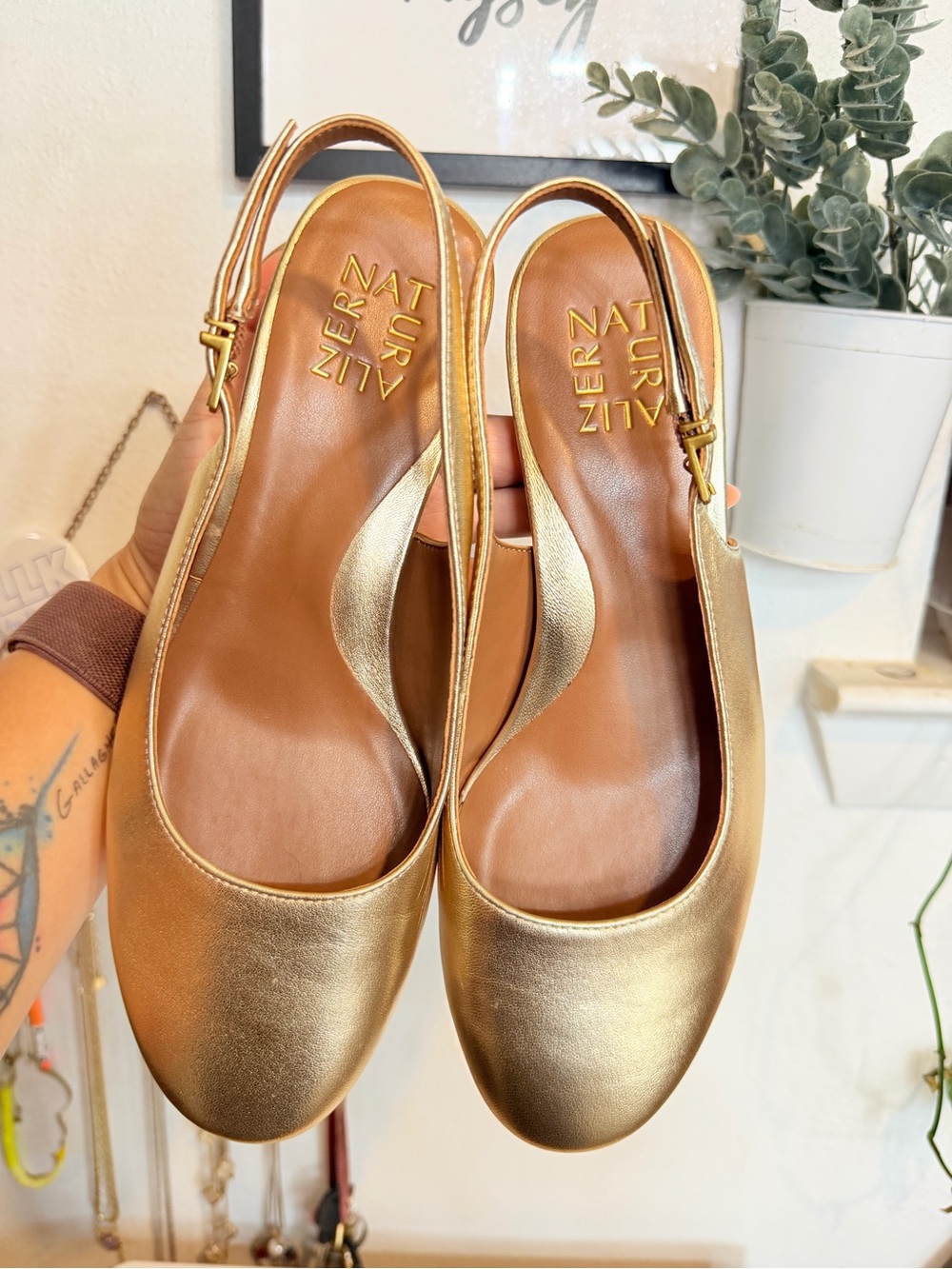 Naturalized Gold Slingback Block Heel Pumps - Picture 4 of 8